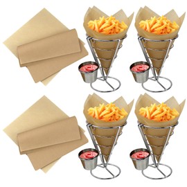 KOBSAINF 4Pcs French Fry Holder French Cone French Fries Basket with Sauce Cup Metal Wire French Fry Holder with 200 Delicatessen Greaseproof Paper for Holiday Parties, Celebrations