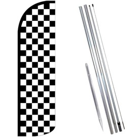 Vista Products Checkered BLACK/WHITE Premium Windless Feather Banner Flag Kit (Flag, Pole, & Ground Mt)