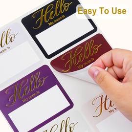 200 Pcs Name Tags, Gold Foil Hello My Name is Name Tag Stickers, 2.5 x 3 Inch Large Sticky Hello My Name is Stickers Christmas Nametags for Party, School, Business, Banquet