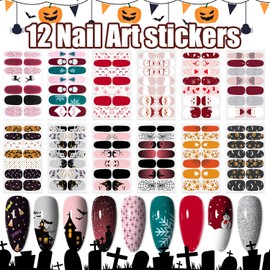 12 Sheets Halloween & Christmas Nail Polish Stickers Full Wraps, Gel Nail Strips DIY Decals, Santa, Snowman, Reindeer & Spiderweb,Pumpkin, Ghost Pattern for Holiday Party Decor Strips
