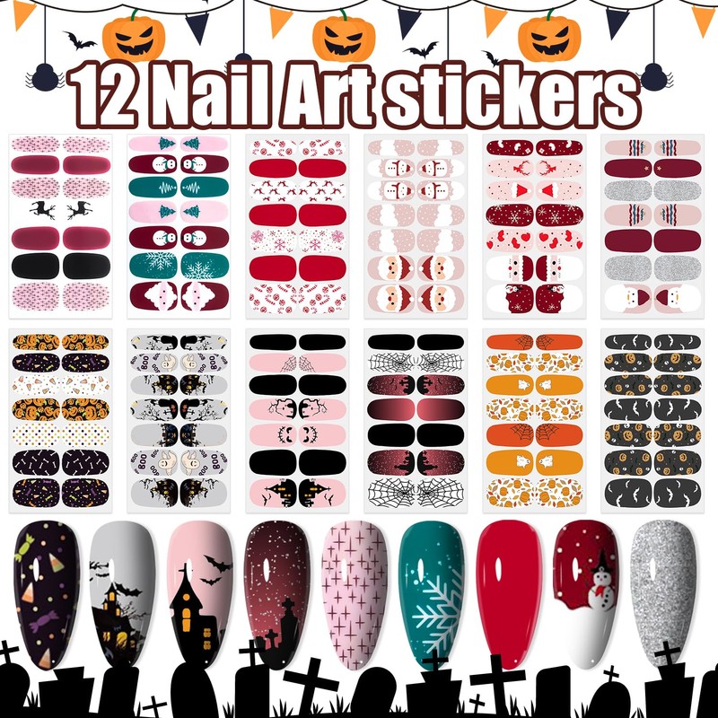 12 Sheets Halloween & Christmas Nail Polish Stickers Full Wraps,
