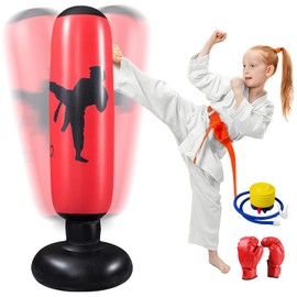 Oziral Children's Punch Bag, Inflatable Punch Bag, 160 cm Standing Punch Bag, Standing Punch Bag with Air Pump and Boxing Gloves for Karate Kickboxing, Training Equipment, Gift (Red)