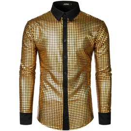 JOGAL Men's 70s Costume Rainbow Sequins Disco Party Dress Long Sleeve Button Down Shirts Large Gold