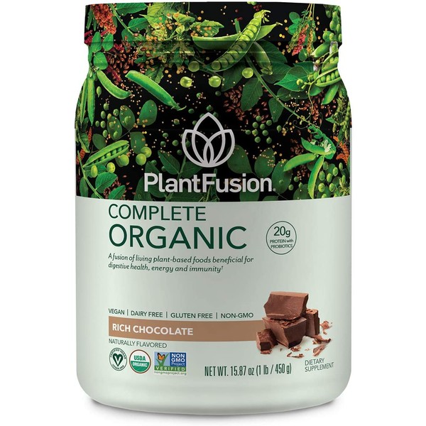 PlantFusion Complete Organic Plant Based Pea Protein Powder | Fermented Superfoods | Vegan, Gluten Free, Non Dairy, Soy Free, Chocolate, 1 LB