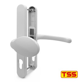 TSS White UPVC Door Handle Pair Set with Lever and Pad, Suits Fullex Locks, Sprung, 68mm PZ (Centres), 215mm Screw to Screw, Backplate 245mm x 32mm, Replacement PVC Door Handle in White