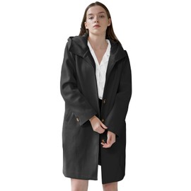 SAUKOLE Pea Coats for Women Winter Fashion Wool Blend Trench Jacket Single Breasted with Hood and Pockets Black