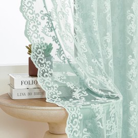 Pastel Turquoise Lace Curtains 84 Inches Long 2 Panels Modern Paisley Lace Curtains for Living Room Bedroom Rod Pocket Light Filtering French Window Drapes Western Sea Aqua Ocean Beach Decor, 52x84