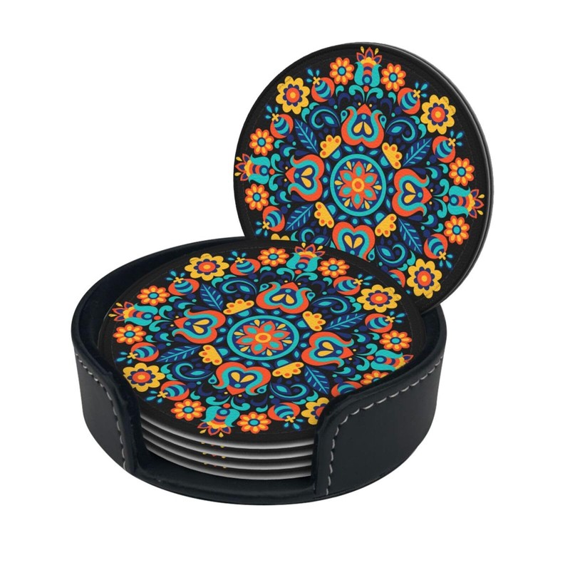 Famame 6 Pcs Mexican Floral Navajo Pattern Leather Coasters for
