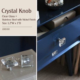 JEREVER 2 Pack Glass Crystal Knobs Brushed Nickel Drawer Pull Cabinet Handle for Dresser Kitchen (Square)