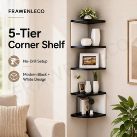 No-Drill Corner Shelf Wall Mount, 5-Tier Floating Corner Bookshelf with Hooks, Space-Saving Zigzag Plant Shelf for Bedroom, Living Room, Bathroom, Home Office(Black & White)