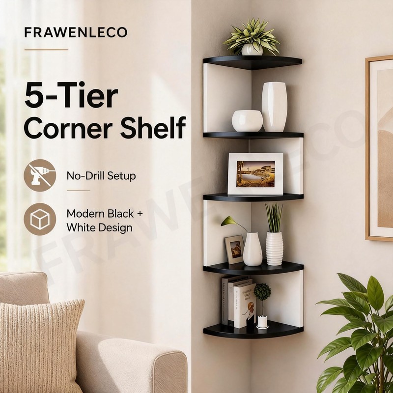 No-Drill Corner Shelf Wall Mount, 5-Tier Floating Corner Bookshelf with