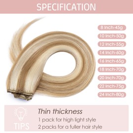 Silk-co 16"-65g Hair Extensions Clip in Hair Extensions Real Human Hair 100% Remy Straight Hair Extension #12/613 Golden Brown&Bleach Blonde Basic Thickness-Thin Weft 8 PCS