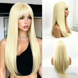 613 Blonde Wig for Women Long Straight Blonde Glueless Wig with Bangs 35 Inch Layered Synthetic Wig Natural No-Glue Hair Fibers, Suitable for Daily Gatherings