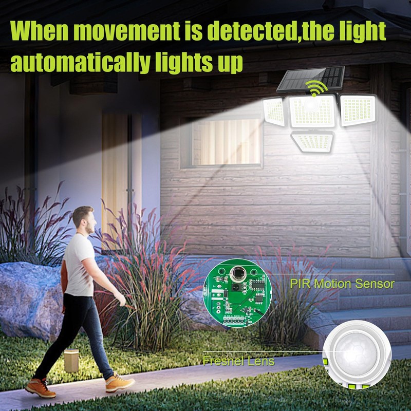 daphino 3000LM Solar Lights Outdoor with Motion Sensor,4 Head 270°