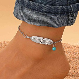 Cimenexe Bohemian Feather Turquoise Ankle Chain Bracelet Silver Feather Ankle Bracelet Round Turquoise Stone Foot Chain Anklet Summer Beach Foot Chain Jewellery for Women and Girls Gifts, Zinc
