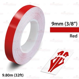 RED, 3/8" | 9mm, Self-Adhesive Vinyl Pin Stripe Line Decal Sticker Tape, Length 32ft | 9.80m, Suitable for Cars, Vans, Motorcycles, Bikes, Models, Tuning & Styling, and much more