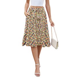 KUOTAI Women's Flowy Skirt Midi Length High Waist A-Line Skirts with Pockets Flared Below The Knee Skirts, Colorful Paint, Large