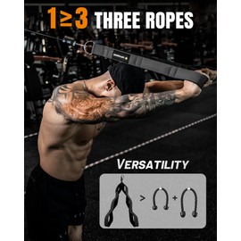Professional Tricep Rope Cable Attachment with 3 Adjustable Handles - Heavy Duty Gym Rope for Push Downs, Face Pulls, Overhead Presses & Full-Body Exercises (Ideal for Cable Machines) (Obsidian Black)
