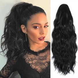 JOOYEAH Black Ponytail Extensions for Women Claw Clip Ponytail Extension Curly Wavy Ponytail Hair Extension 14" Ponytail Extension for Women Fluffy Natural Looking Synthetic Hairpiece for Daily Use