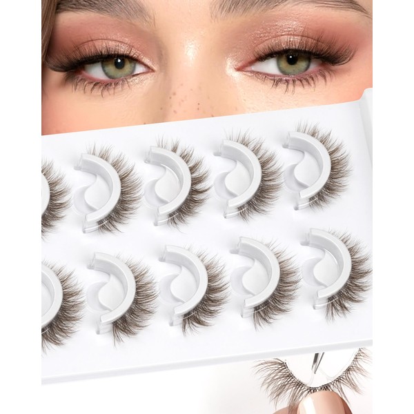 Obeyalash Waterproof Brown Self Adhesive Eyelashes,Cateye 12mm,5 Pairs Stick on
