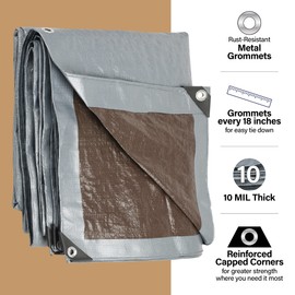 10x10 Heavy Duty Tarp, 10 Mil Thick, High Durability, Tear & Fade Resistant, UV Treated, Grommets Every 18 Inches (10' x '10')