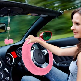 Crevyteg Pack of 6 Fluffy Steering Wheel Covers, Plush Winter Car Steering Wheel Cover, Elastic Steering Wheel Protective Cover, Car Accessories with Handbrake Cover, Plush Keyring and Coaster, Pink