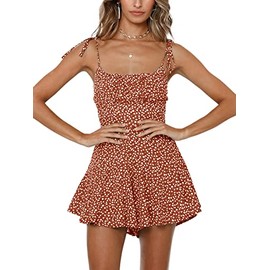 Jeanewpole1 Womens Floral Wide Leg Rompers Spaghetti Strap Tie Ruffle Short Jumpsuits (Small, Peach Red)