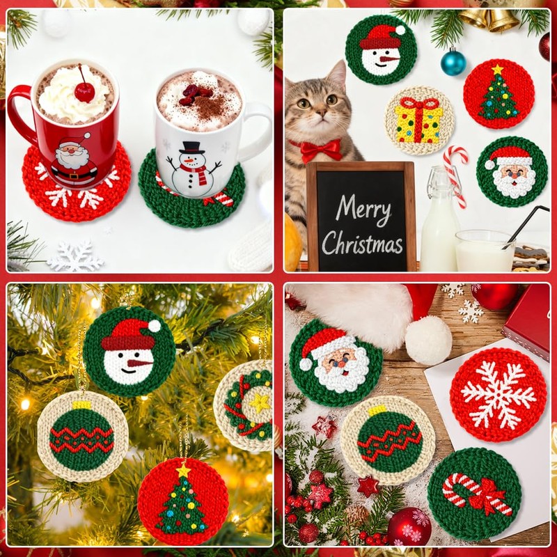 XIMISHOP 8PCS Christmas Punch Needle Coasters Kit，Easy Punch Needle Starter