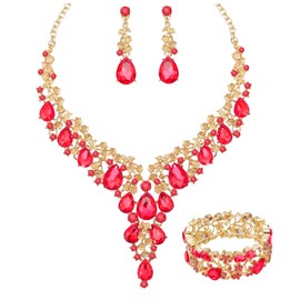 CSY Elegant Crystal Costume Jewelry Sets Flower Bridal Necklace Earrings Stretch Bangle Set for Bride Bridesmaid Wedding Dress Accessories (Red crystal-gold tone)