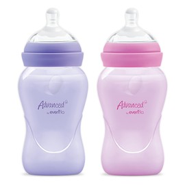 Advanced by Evenflo, Biberón Anticólicos Cuello Ancho, Niña, Color Rosa y Lila, Flujo Medio, 9oz/270ml, 2 piezas, MEX.
