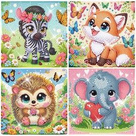 MISCER 4 pack Diamond Painting Art Kits, 5D Cartoon DIY Diamond Painting kits for Beginners, Cute Animal Full Round Drill Gem Art Crafts for Home Wall Decor Present 15x15cm