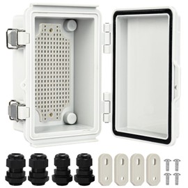 Waterproof Outdoor Junction Box, LA VANE IP67 ABS Plastic Dustproof Electrical Enclosure with Hinged Cover with 4X NPT Cable Glands, Mounting Plate, Wall Brackets - 8.5x7x4.4 inch