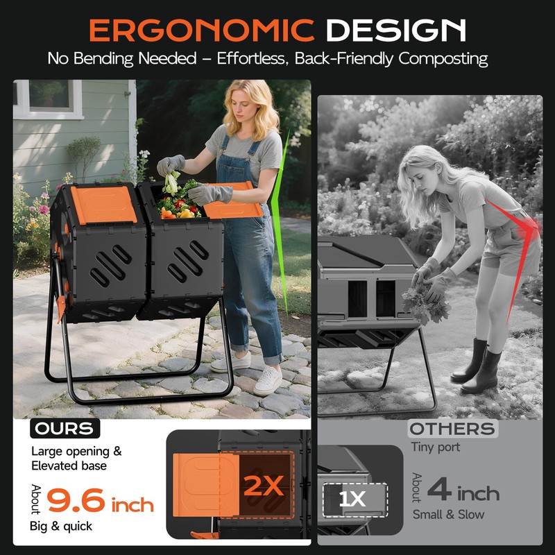 TOP XIAN Compost Tumbler Outdoor 45 Gallon/170L, Dual Chamber Large
