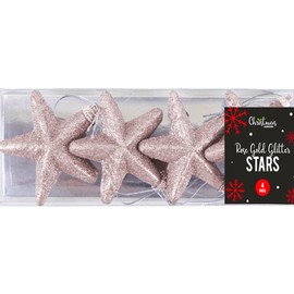 Tech Island Christmas Glitter Stars 4 Pack Tree Topper Glittered Design Shatterproof Christmas Tree Decoration, Glitter Star Baubles (Rose Gold)
