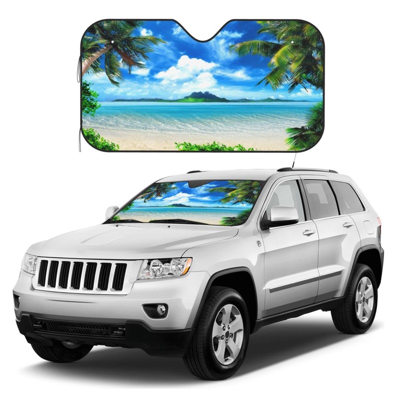 Windshield Sun Shade Beach Palm Tree Blue Ocean Car Front
