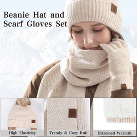 Qlauca Winter Knitted Hat Scarf & Touchscreen Gloves Winter Set Women's Soft Warm Beanie with Fleece Lined Pompom Hat for Women (camel)