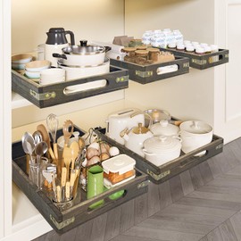 3 Pack Pull Out Cabinet Organizer Fixed with Adhesive Nano Film, Retro Rustic Pull Out Drawers for Kitchen Cabinets, Slide Out Wood Cabinet Organizer for Kitchen, Bathroom