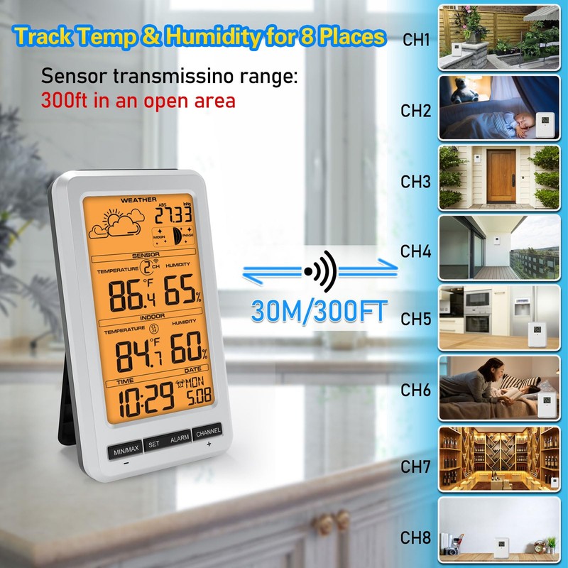 Weather Station Indoor Outdoor Thermometer Humidity Wireless Temperature Humidity Monitor,