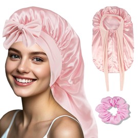 Flomiara Long Satin Bonnet, Large Silk Adjustable Sleeping Cap Skin Care, Cleaning, Makeup for Women Girl, Elastic & Soft Easy to Use Silk Sleep Braid Caps for Long Curly Hair with Tie Band
