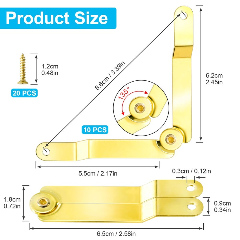 OIIKI 10pcs Gold Lid Support Hinge with 20 Screw, Foldable