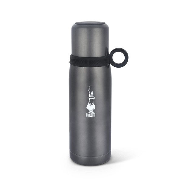 Bialetti To Go Thermal Bottle with Lid - Double Walled - Keeps Hot for 12 Hours and Cold for 24 Hours, Capacity 460 ml, Steel, Dark Grey