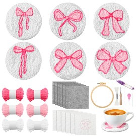 Foilswirl 6 Set Punch Needle Kit Pink Bow Punch Needle Coasters for Beginners Adults Easy Embroidery Craft Kit DIY 6 Style Bow Tie Tufted Rug Pads with Tools Yarns Embroidery Hoop Instruction