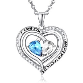 Sterling Silver Heart Necklace for Mom Double Heart Pendant I Love You Always and Forever Pendant Aquamarine Cubic Zircon Jewelry March April 2 Birthstones Necklace Jewelry Gifts for Women