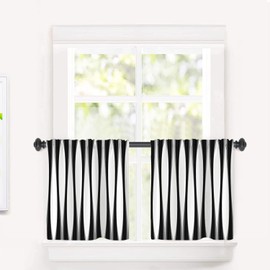BaoNews Black Modern Curve Stripes Kitchen Tier Curtains for Windows,Black White Zebra Stripe Blackout Valances Multilayer Polyester Window Treatments for Kitchen 2 Pack 26X24 Inches