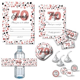 Cheers to 70 Years Milestone Rose Gold Confetti Polka Dot Birthday Party Decoration Bundle for 70th Includes 20 Invitations & Thank You Cards & Envelopes + 3 Sizes of Stickers & Water Bottle Labels!