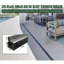 Natotela Slot Channel Drain with 304 Stainless Steel Grate-39.4Lx6.1Wx8.6H in. Deep Profile Trench Drain System for Landscaping,Trench Drain for Patio,A15 Hidden Channel Drain with Metal Grate