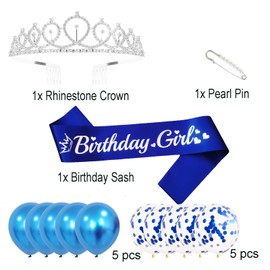 MSFLORAL Birthday Girl Sash and Rhinestone Tiara Kit, Silver Letter Royal Blue Birthday Sash Balloons Crystal Silver Tiara Crowns for Girl Birthday Gift Ideas Party Decorations