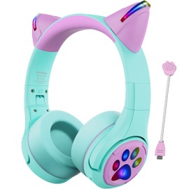 Riwbox Kids Bluetooth Headphones, CF9 Cat Ear Headphones with LED Light, Boom Mic&Built-in Mic for Calls, 85dB Volume Limited Kids Headphones Wireless&Wired for School Tablet PC Phones (Green)