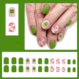 24Pcs St. Patrick's Day Press on Nails Short Oval Fake Nails with Green Clover Design Holiday Artificial on Nails Full Cover Nail Tips Cute Acrylic False Nails for Women and Girls Nail Decoration