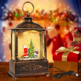 10.8'' Christmas Snow Globe Lantern USB Power Snowing Water Glitters Lighted Singing Snow Globe Lantern Christmas with 6H Timer, Musical LED Lighted Scene for Christmas Home Decoration (Santa Claus)